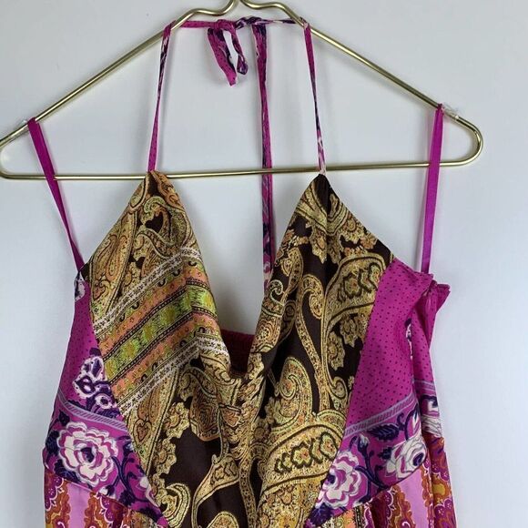 Free People S Miranda Printed Jumpsuit Satiny Floral Scarf Print Pink Gold - Picture 5 of 7